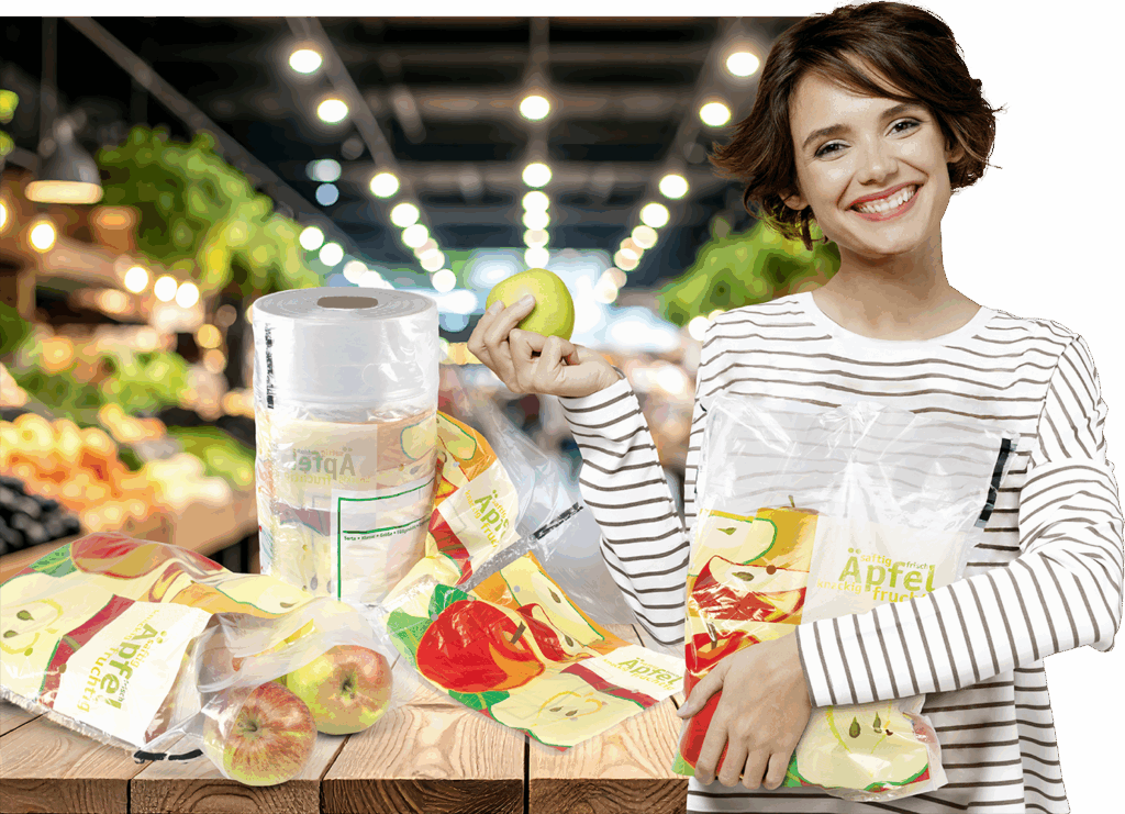Woman with a roll bag in her arm and an apple in her hand. More roll bags in the background.